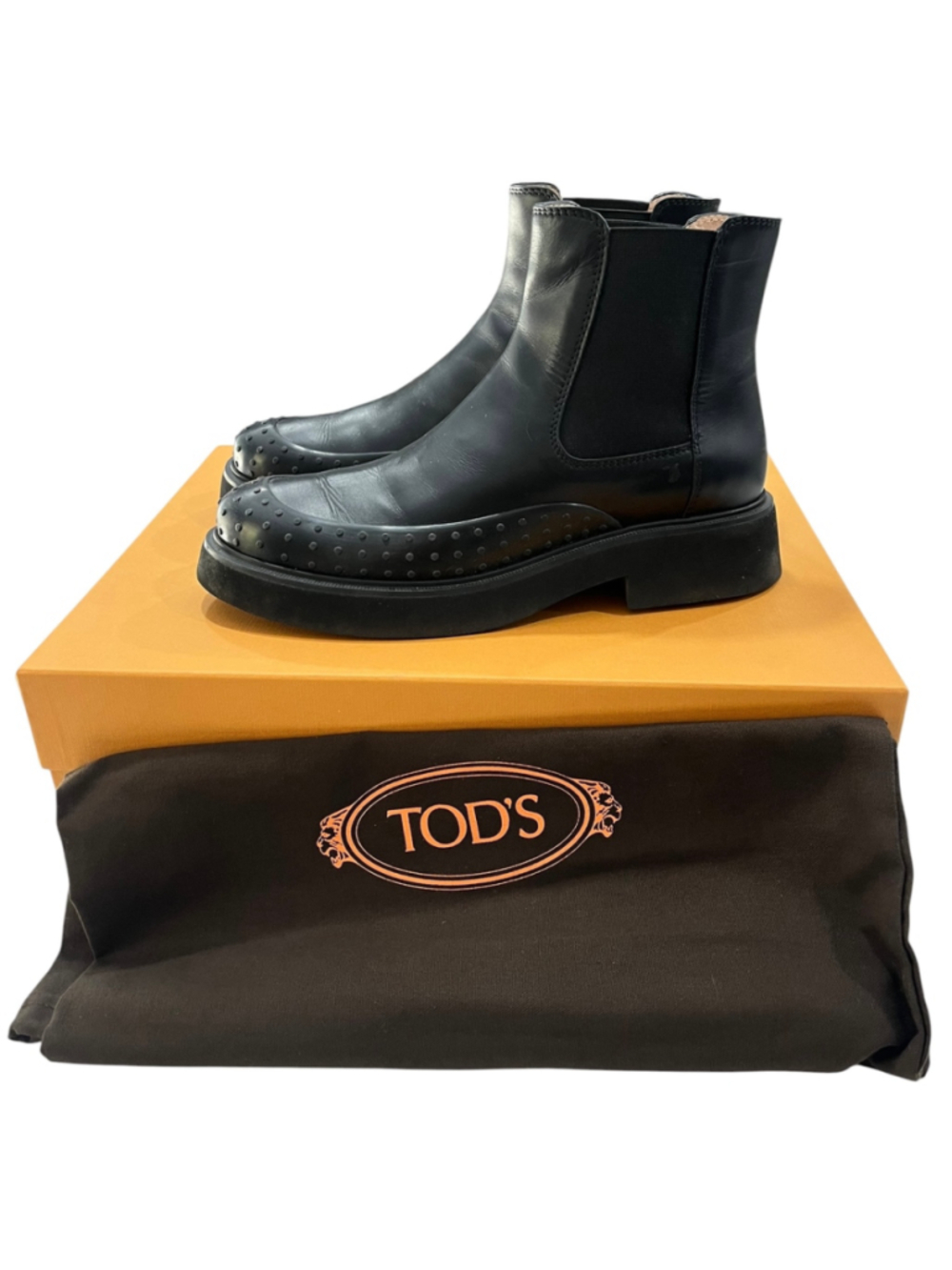 TOD'S Black Leather Gomma Lug Sole Chelsea Boots Size 38 With Box Dust Bag Black
